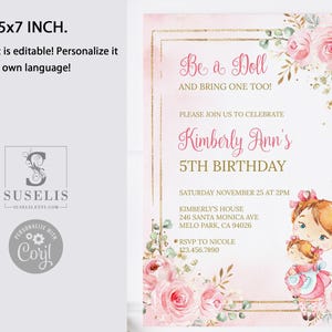 Editable Template Baby Doll Birthday Invitation, Dolly Party, Little Girl, Doll Tea Party Theme, Printable, Instant Download DIGITAL, 10-233 image 2