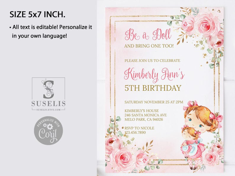 Editable Template Baby Doll Birthday Invitation, Dolly Party, Little Girl, Doll Tea Party Theme, Printable, Instant Download DIGITAL, 10-233 image 2