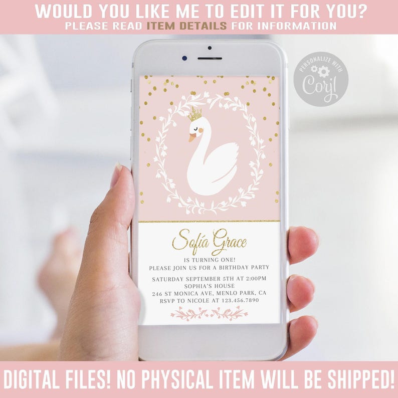 EDITABLE Evite Birthday Invitation, Corjl Template, Princess Swan, Instant, iPhone, SMS, Email, Smartphone, Blush Pink, Electronic 10-033 image 1