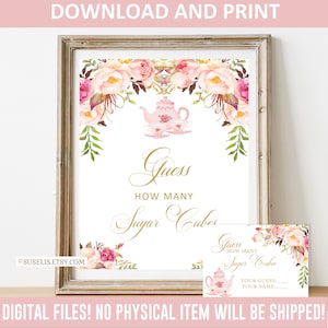 Printable Guess How viele Sugar Cubes Zeichen & Karte, Tee-Party, Blush rosa Boho Blumen, Liebe Brauen, Sofort Download druckbare digitale Datei, WS084