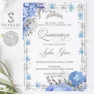 EDITABLE Winter Quinceanera Invitation Template, Silver Blue Flowers, Snowflakes, Mis Quince, Sweet 16, Printable, Instant Download QU121