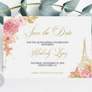 Editable Paris Save the Date Card Template, Eiffel Tower, Blush Pink Flowers, Quinceañera, Mis Quince, Printable, Instant Download, QU073