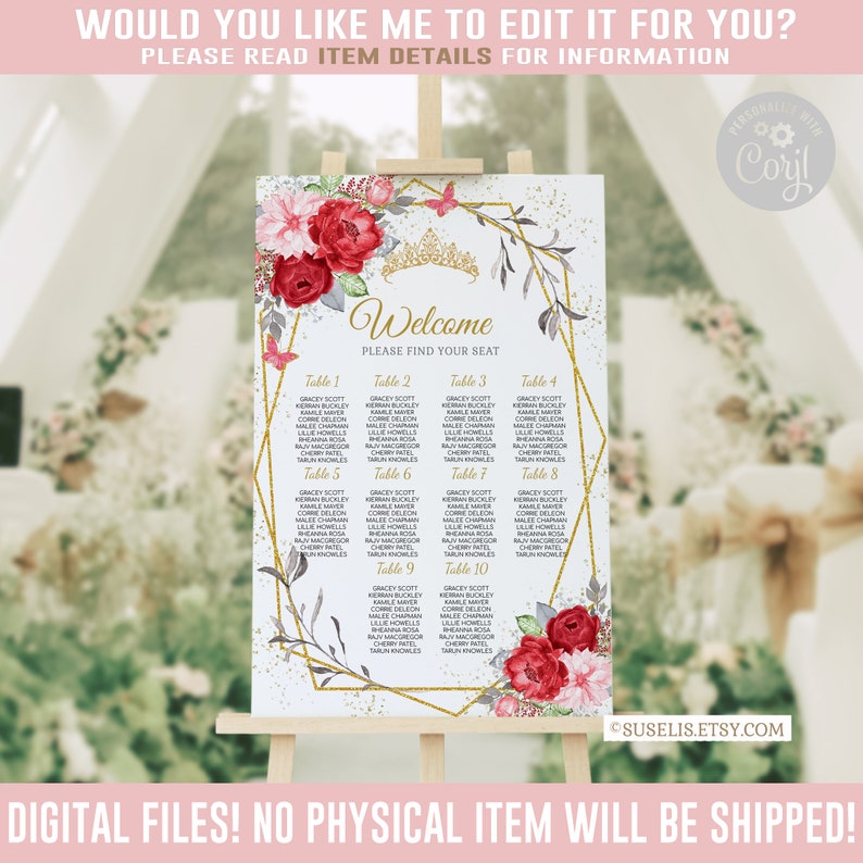 Red Roses Table Seating EDITABLE Seating Chart Table Plan Red Roses Pink Floral - Etsy