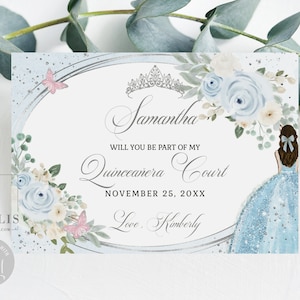 EDITABLE Quinceanera Court Proposal Template, Baby Blue Flowers, Will you be my Dama, Quince, Sweet 16, Printable, Instant Download, QU210B
