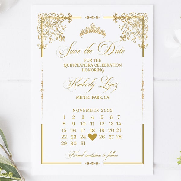 Editable Quinceañera Calendar Save the Date Card Template, Gold Ornaments Swirl, Sweet 16, 15th Birthday, Printable, Instant Download, QU202