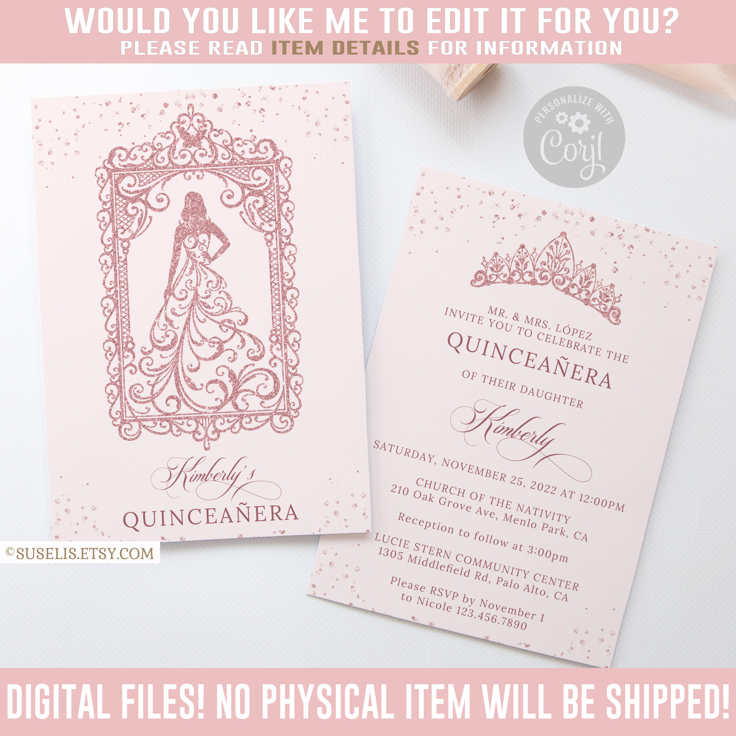 Paper Quinceanera Invitation Rose Gold Watercolor Pink Dress Glitter