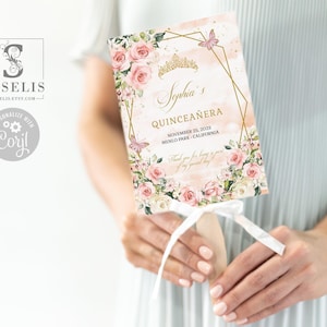 EDITABLE Blush Pink Fan Program Template, Blush Pink Flowers, Butterfly, Mis Quince, Sweet Sixteen, Wedding, Folded Instant Download, QU054B
