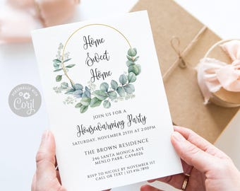 Eucalyptus Housewarming Invitation, Greenery Theme, Digital Download