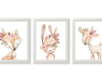Set of 3 Woodland Animals Fox Deer Bunny Prints Nursery Decor Girl Forest Animals poster kids wall printable sign Nursery Art, DIGITAL FILES