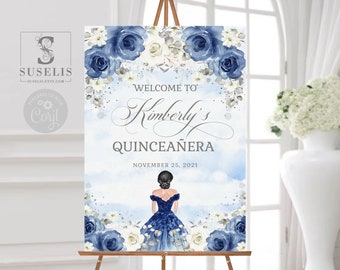 EDITABLE Quinceañera Welcome Sign Template, Blue Flowers, Sweet 16, Poster, Signage, Mis Quince, Sweet Sixteen, Instant Download, QU084