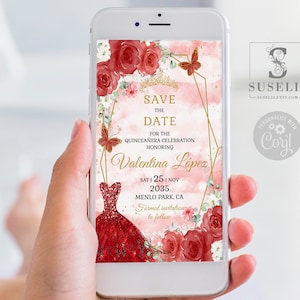 Editable Save the Date Evite Template, Text Invite, Red Gold Flowers, Sweet 16 Mis Quince, 15th Birthday, Printable, Instant Download QU054G