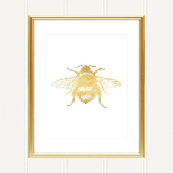 Insect Art DIGITAL FILES Printable Gold BumbleBee Print Bee Illustration Gold White BumbleBee sign Vintage BumbleBee Drawing Nature Print