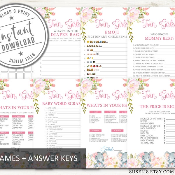 Printable Twins Baby Shower Game Bundle, 8 Games, Baby Girls Elephants Theme, Game Pack, Instant Download, Package, DIGITAL FILE, BS094