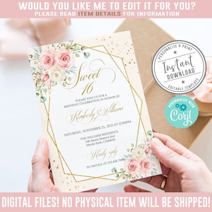 EDITABLE Sweet Sixteen Invitation, Blush Pink Flowers, Sweet 16 Invite, 16th Birthday, Instant Download, Corjl Template, SW16028