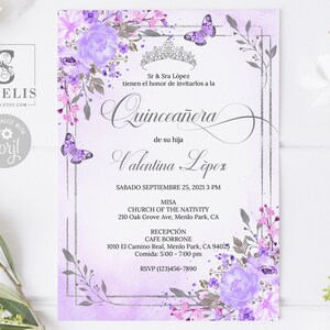 EDITABLE Template Quinceanera Invitation & Back, Purple Flowers, Mis Quince, 15th Birthday, Sweet 16, Printable, Instant Download, SU010