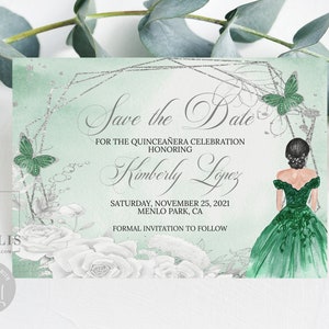 Editable Save the Date Template, Emerald Silver Flowers, Quinceañera, Sweet 16, Quince, 15th Birthday, Printable, Instant Download, QU069E