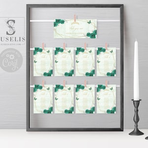 EDITABLE Template Table Seating Chart Cards, Quinceanera, Table Plan, Emerald Green Flowers, Sweet 16, Printable Instant download, QU054I