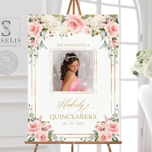 EDITABLE Quinceañera Photo Welcome Sign Template, Blush Pink Flowers, Mis Quince, Sweet 16, Poster, Sweet Sixteen, Instant Download, SU029
