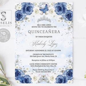 EDITABLE Quinceanera Invitation Back Template, Blush Pink Flowers,  Butterfly, Sweet 16, Mis Quince, Printable, Instant Download, QU054 