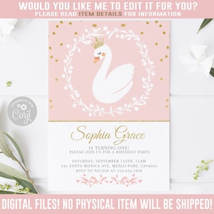 EDITABLE Princess Swan Birthday Invitation, Corjl Template, White Swan Invite, Instant Download, Diy, Printable, Digital files, 10-033