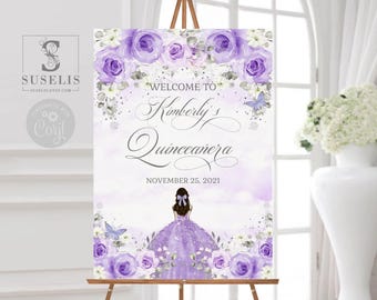 EDITABLE Quinceañera Welcome Sign Template, Lilac Purple Flowers, Birthday, Sweet 16, Signage, Mis Quince, Printable, Instant Download QU136