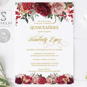 EDITABLE Quinceanera Invitation & Back Template, Burgundy Red Marsala Flowers, Mis Quince, Sweet Sixteen, Printable, Instant Download, QU114