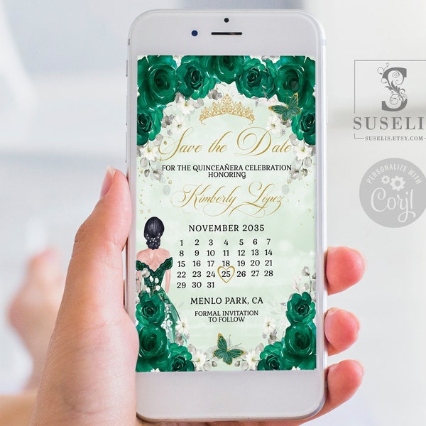 Editable Save the Date Template, Emerald Flowers, Text Invite, Quinceañera, Sweet 16, Evite, SMS Email, Printable Instant download, QU084F