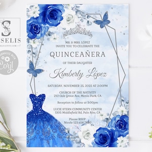 EDITABLE Quinceanera Invitation and Back Template, Royal Blue Flowers, Silver, Butterfly, Mis Quince Sweet Sixteen, Instant Download, QU054C