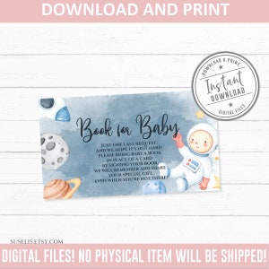 Afdrukbare ruimteboeken voor baby verzoekkaart, babybibliotheek, astronaut babyshower, boeken voor baby insteekkaart, breng een boek mee, DIGITALE BS201