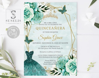 May include: A Quinceañera invitation card featuring teal roses, gold geometric frames, butterflies, and a tiara graphic. Text includes: Mr. & Mrs. López invite you to celebrate the Quinceañera of their daughter Sophia Grace, Saturday, November 25, 2020.