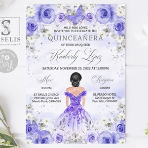 EDITABLE Quinceanera Invitation & Back Template, Purple Floral, Butterfly, Mis Quince, Sweet 16, Printable, Instant Download QU084