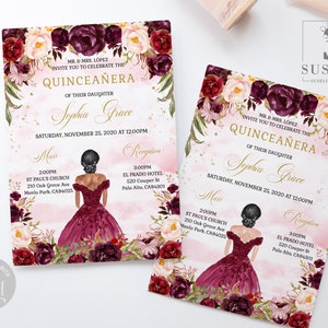 EDITABLE Quinceanera Invitation + Back Template, Burgundy Flowers, Butterfly, Mis Quince, Sweet 16, Printable, Instant Download QU084