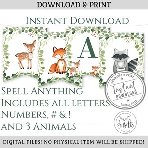 Afdrukbare banner bosdieren, groen verjaardag, babyshower, bosgors decoratie, feestdecoraties, instant download, BS176