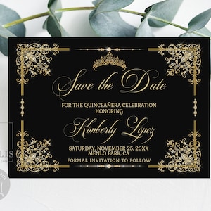 Editable Template Quinceañera Save the Date Card, Gold Ornaments Swirl, Sweet 16, 15th 16th Birthday, Printable, Instant Download, QU202