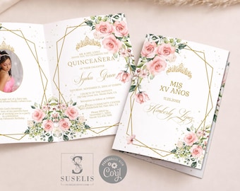 May include: A Quinceañera invitation card with a gold geometric frame, pink roses, and a photo of a young woman in a pink dress. The text reads "Quinceañera" and "Sophia Grace". The invitation is decorated with floral elements.
