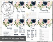 Navy Blush Pink Baby Shower Game Pack, Set of 8, Printable, Flowers Theme, Baby Girl Boy, Shower Activity, Instant Download, DIGITAL BS189
