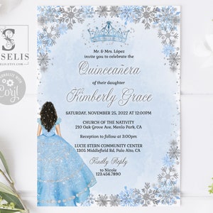 EDITABLE Winter Wonderland Quinceanera Invitation Template, Blue Snowflakes, Sweet 16, 15th Birthday, Printable, Instant Download, QU179