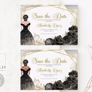 Editable Save the Date Template, Black Gold Flowers, Quinceañera, Sweet 16, Mis Quince, 15th Birthday, Printable, Instant Download, QU169