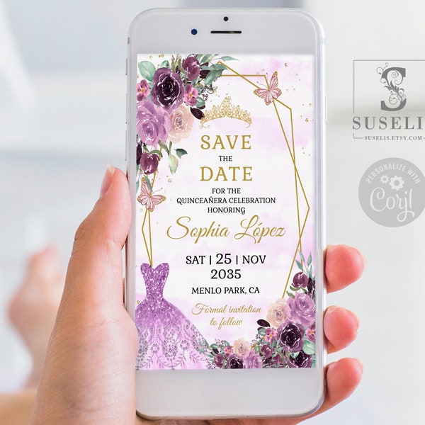 Editable Save the Date Template, Purple Flowers, Text Invite, Quinceañera, Sweet 16, Evite, SMS Email, Printable Instant download, QU054D