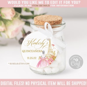 Editable Paris Quinceanera Tag, Thank You, Blush Pink, Gift tag, Mis Quince, 15th Birthday, Butterfly Corjl Template, Instant Download QU073