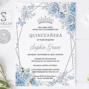 EDITABLE Invitation & Back Template, Quinceanera, Baby Blue Floral, Butterfly, Mis Quince, Sweet Sixteen, Printable, Instant Download, QU181