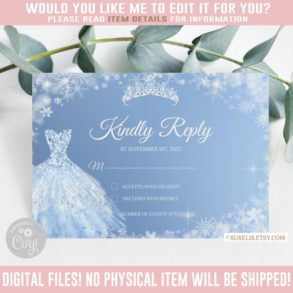 Editable Winter wonderland RSVP Card, Kindly Reply, Blue Silver, Mis Quince Anos, 15th Birthday, Corjl Template, Instant Download QU161