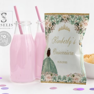 EDITABLE TEMPLATE Photo Quinceañera Chip Bag, Sage Green Flowers, Quince, Sweet 16, Party Favors, Printable, Instant Download, QU211