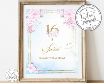 印刷可能な「Sweet 16」サイン、Sweet 16、ブラッシュピンクの花柄、パーティーサイン、デザートテーブルサイン、デコレーション、デジタル、SU043