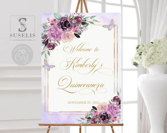 EDITABLE Quinceañera Welcome Sign Template, Purple Flowers, Sweet 16, Poster, Signage, Mis Quince, Sweet Sixteen, Instant Download, QU054D
