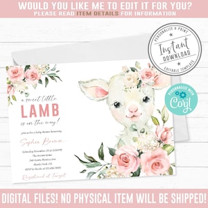 Baby Shower Lamb Invitation, Corjl Template, Farm Little Lamb Blush Flower Theme, Baby Girl, EDITABLE Instant download, Printable, BS195