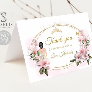 Editable Thank you Card, Folded, Blush Pink Magnolia, Wedding, Quinceanera, Mis Quince 15th Birthday, Corjl Template, Instant Download QU172