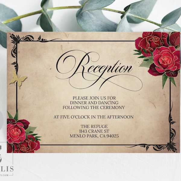 Editable Reception Card, Vintage Red Roses, Rustic, Inserts card, Enclosure, Mis Quince Anos 15th Birthday, Template, Instant Download QU182