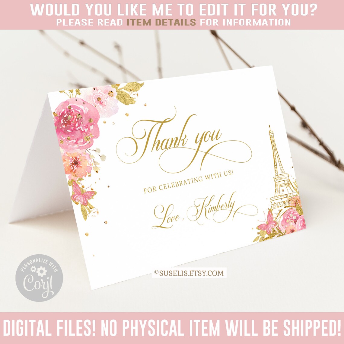 Editable Paris Thank You Card Folded Corjl Template Blush | Etsy