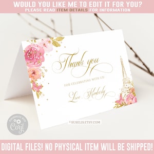 Editable Paris Thank you Card, Folded, Blush Pink Flowers, Butterfly, Mis Quince Anos, 15th Birthday, Corjl Template, Instant Download QU073